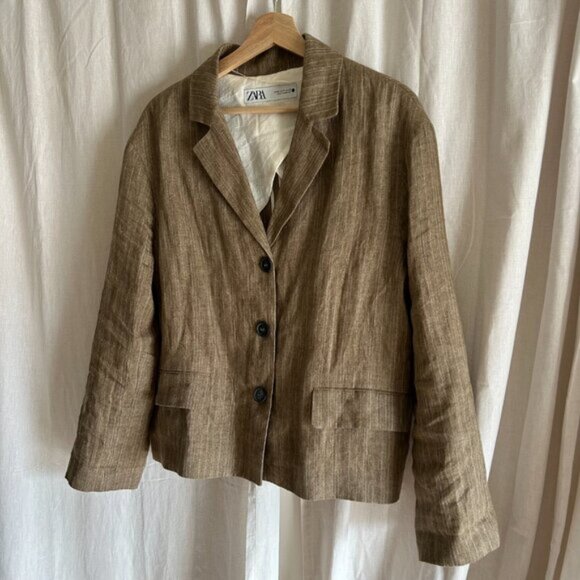 ZARA Linen Beige Striped Blazer Size M - Picture 4 of 11
